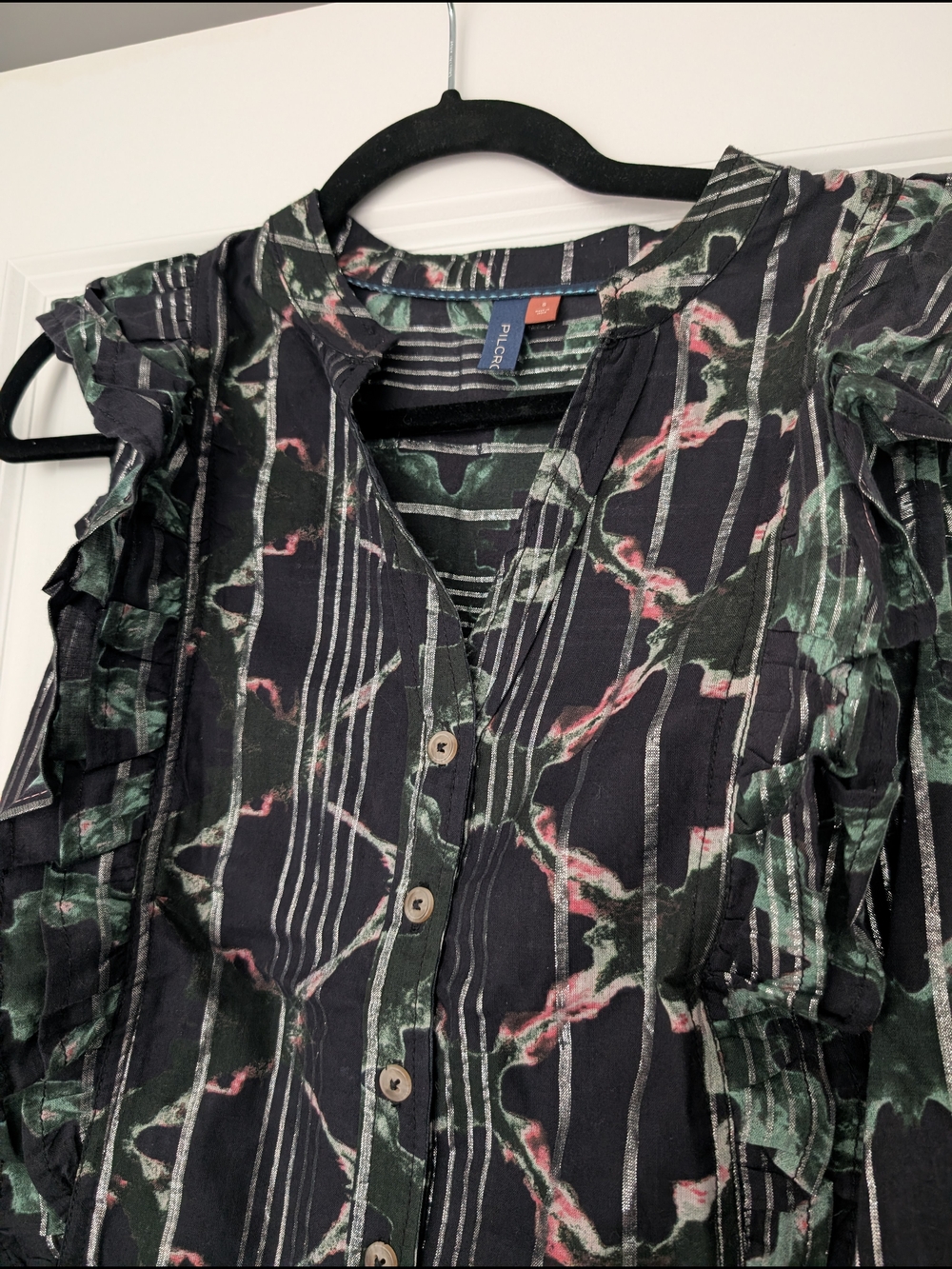 Rails Black Floral-Stripe Ruffle Button-Up Blouse